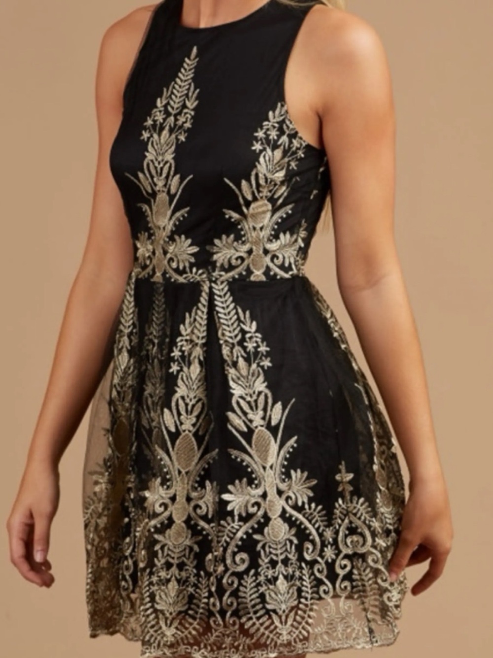 Altar'd State Black & Gold Embroidered Sleeveless Mini Dress